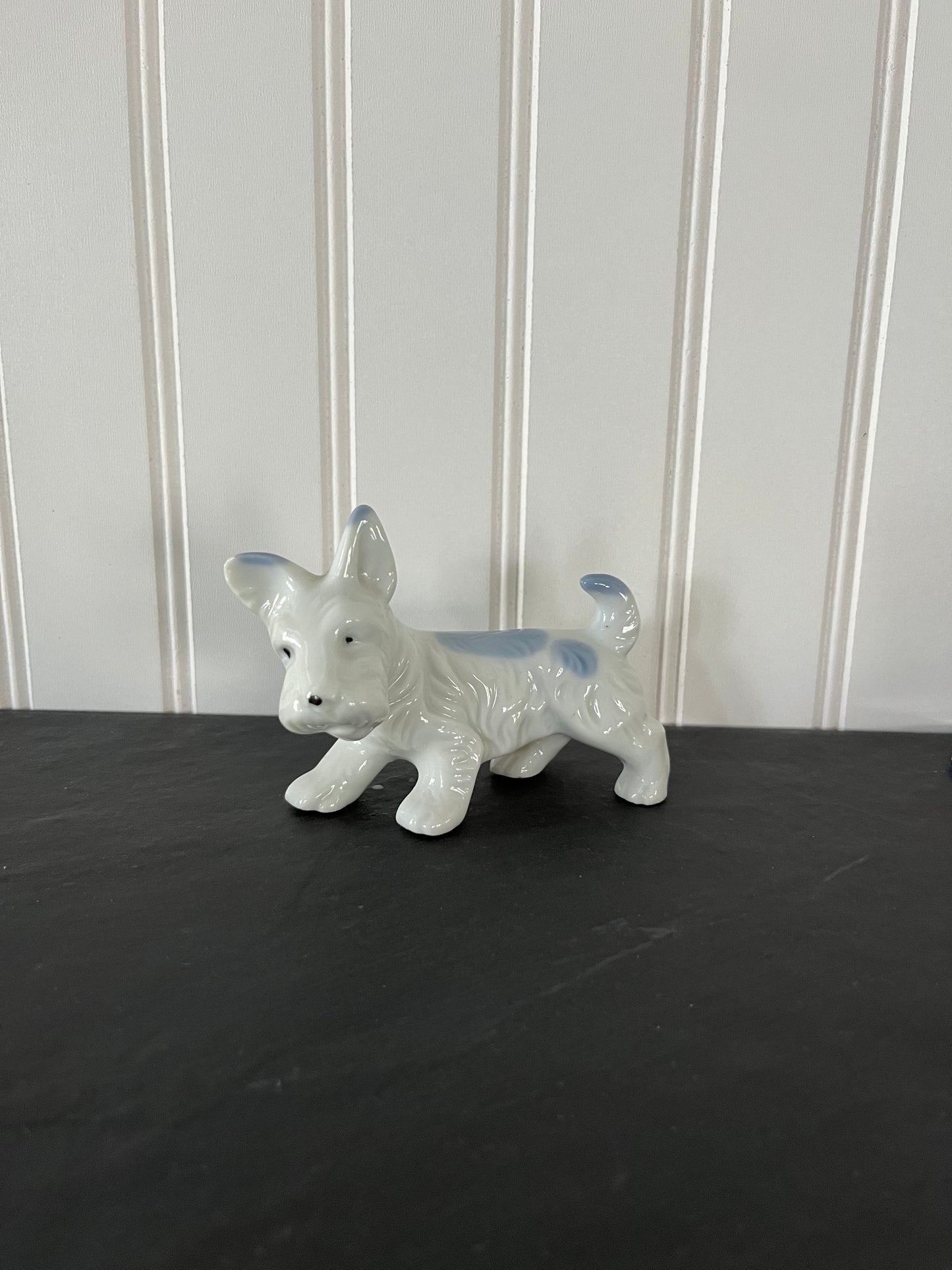 Vintage Scottish Terrier White and Blue Porcelain Dog Figurine - Classic Collectible
