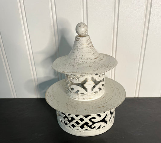 Vintage White-Washed Metal Asian Display  Pagoda  - Timeless Oriental Elegance