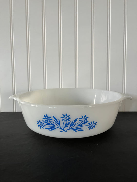 1950s Anchor Hocking Fire King 2QT White and Blue Cornflower #438 Casserole Dish - Vintage Kitchenware No Lid