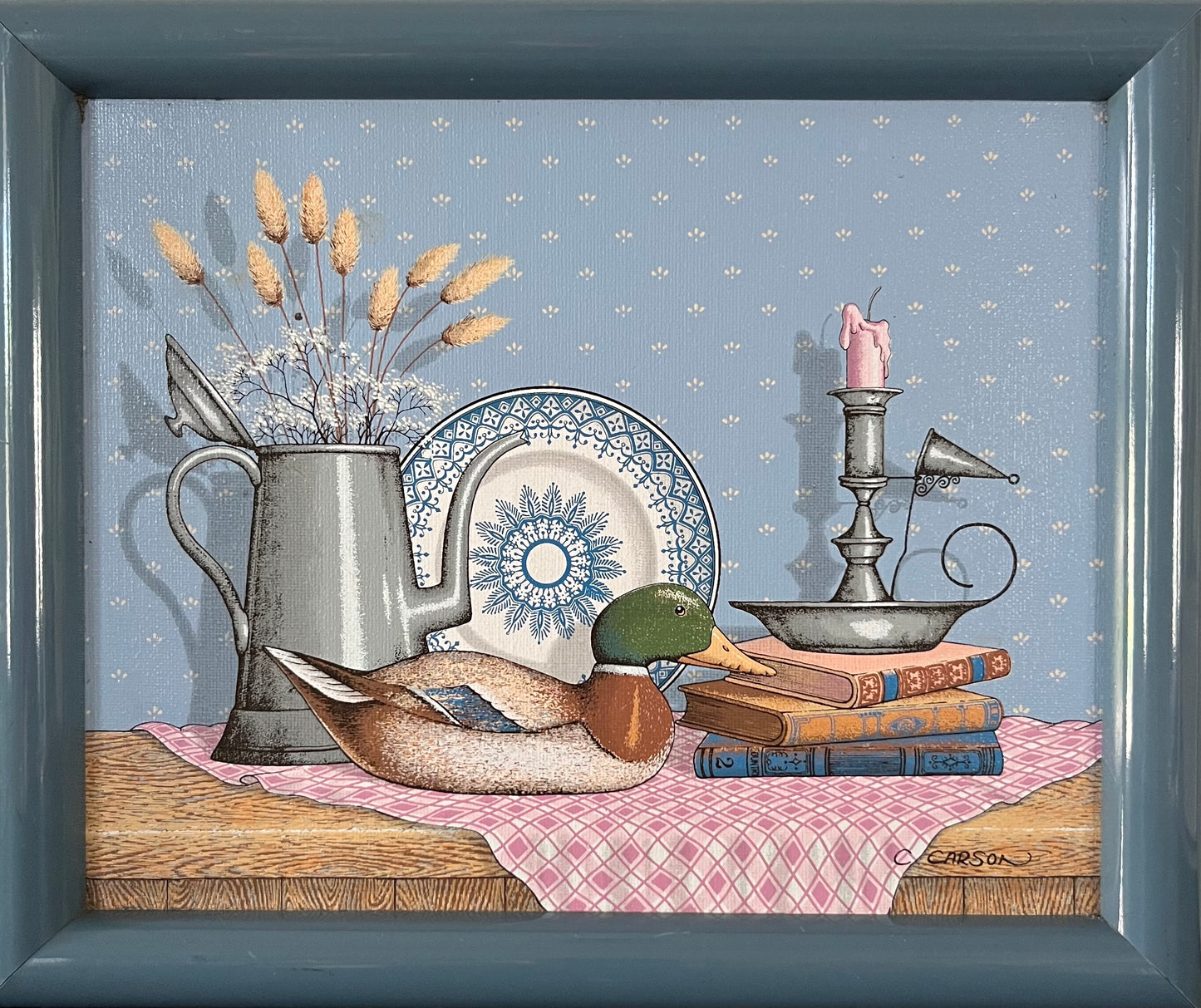 Vintage Country Serigraph On Canvas  Artwork Blue Frame with Provincial Domestic Still Life Artwork - Charles Carson's Carsonism - 12" x 10"