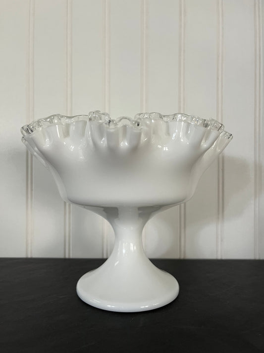 Vintage Fenton Silvercrest Large Ruffled Edge Pedestal Bowl Compote - 1950s White Milk Glass
