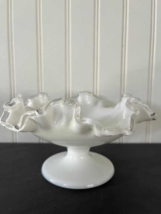 Vintage Fenton Silvercrest Medium Ruffled Edge Pedestal Bowl - 1950s White Milk Glass