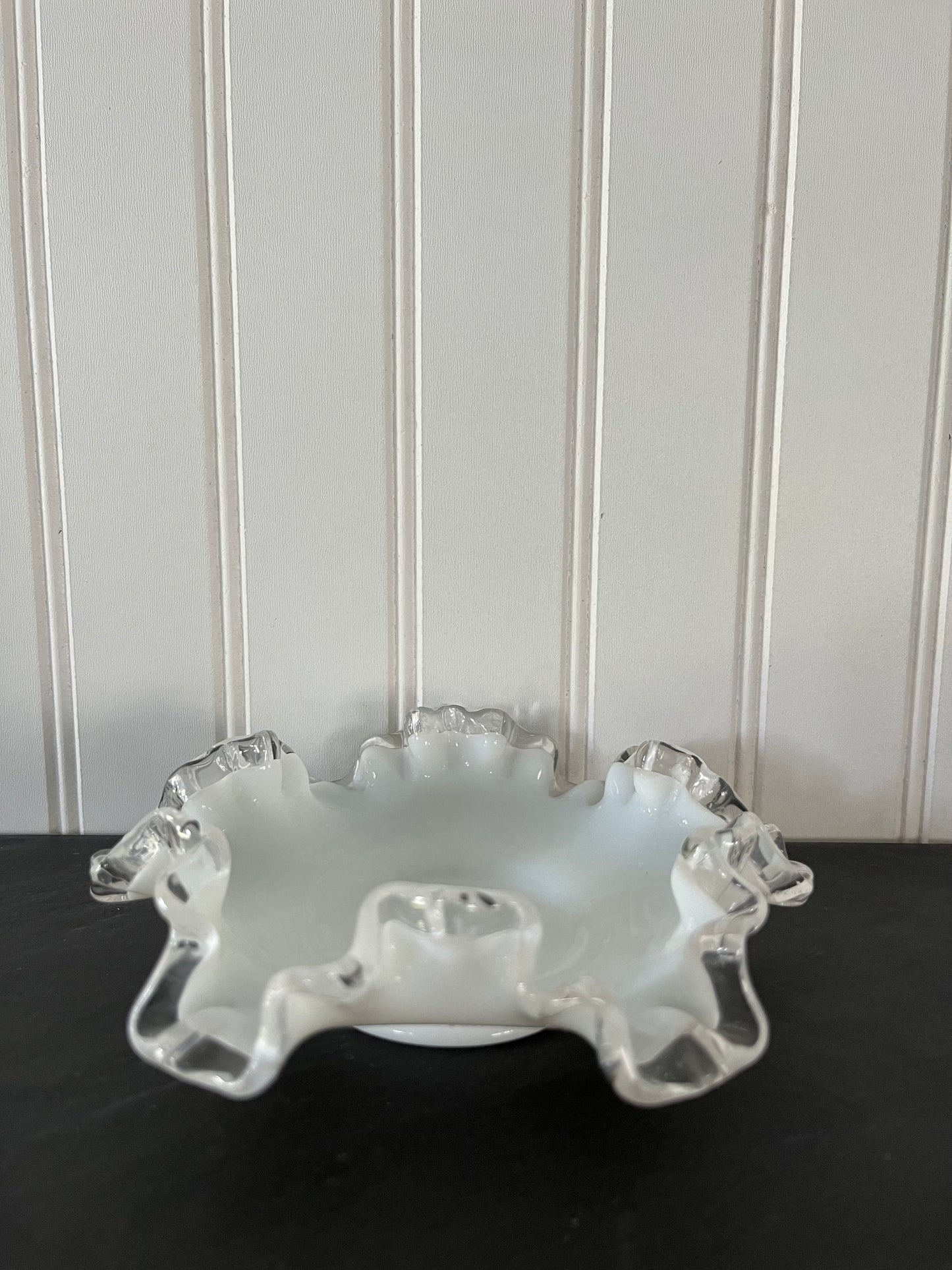 Vintage 1950s Fenton Milk Glass Double Crimp Silver Crest Ruffled Small Bowl