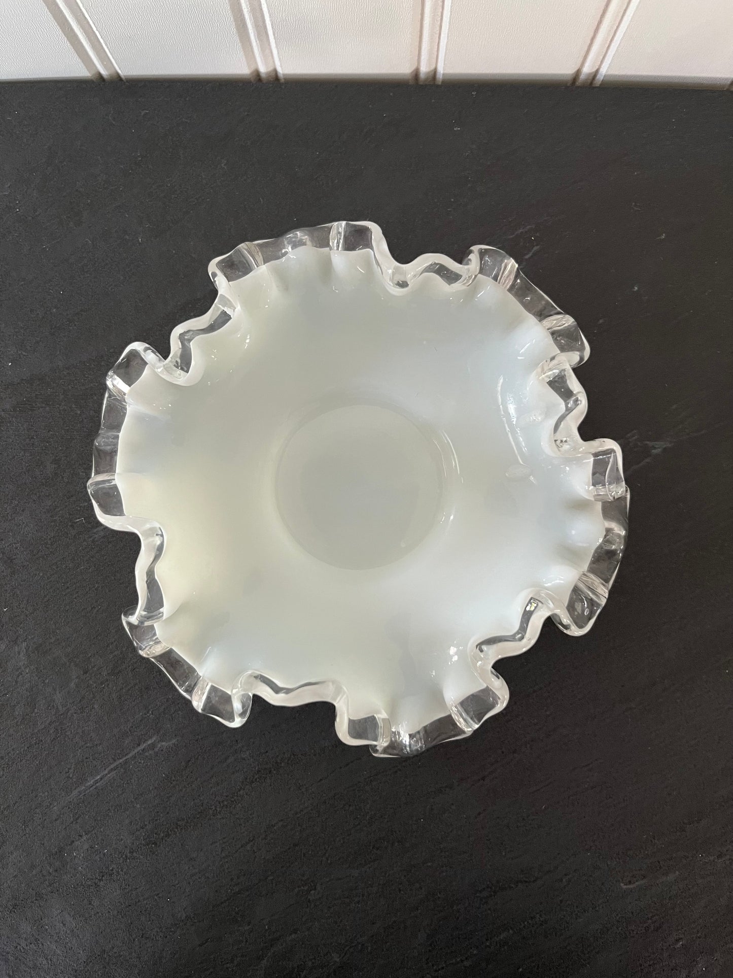 Vintage 1950s Fenton Milk Glass Double Crimp Silver Crest Ruffled Small Bowl