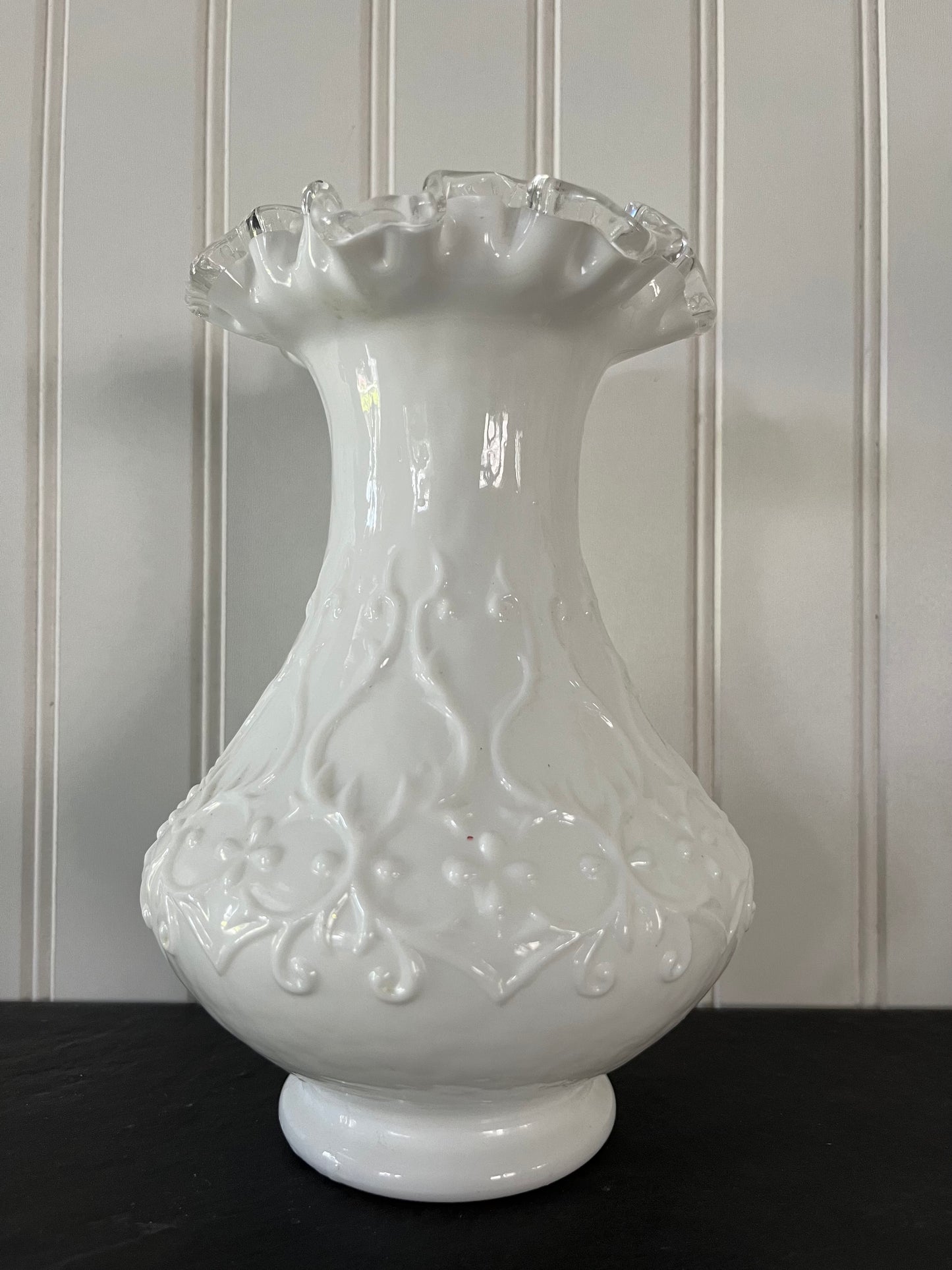 Vintage 1950s White Milk Glass Fenton Ribbon Silver Crest Spanish Lace Vase