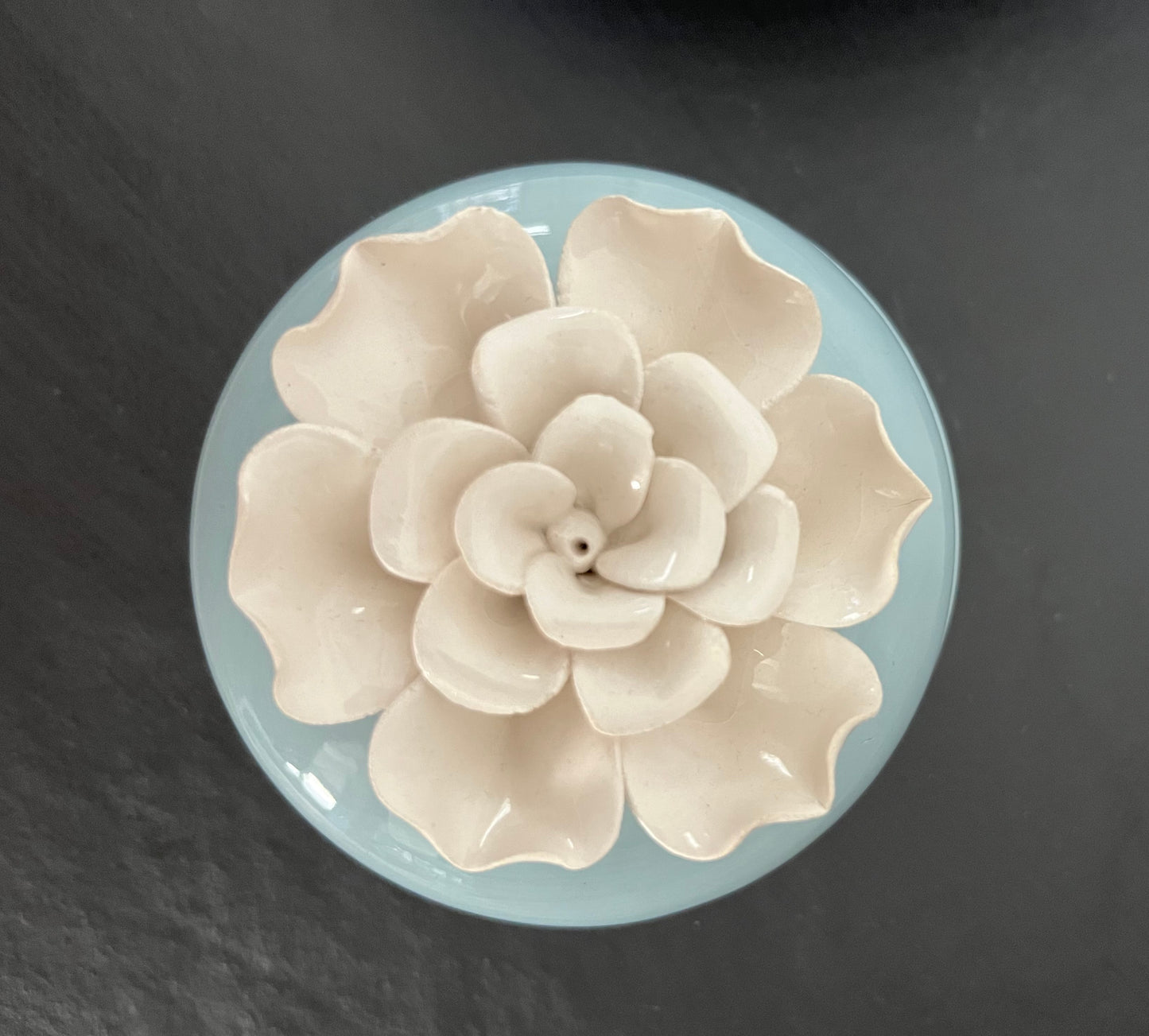 Vintage Charm Blue Ceramic Trinket Dish with Sculpted White Flower Lid