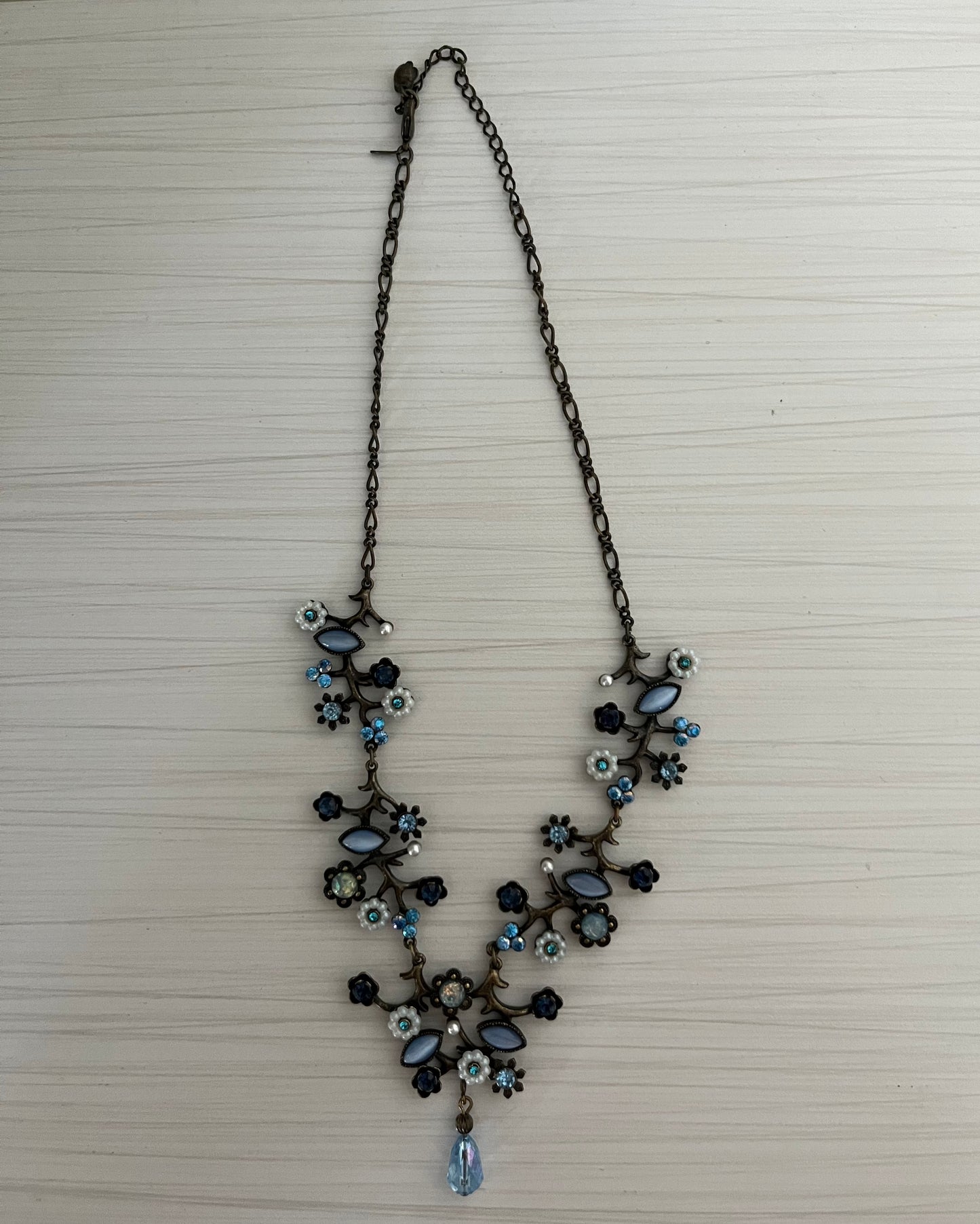 Vintage Avon Blue Rhinestone Antique Gold Floral Statement Necklace